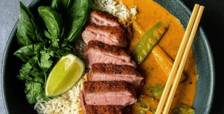 Seared Duck Breast with Thai Red Curry and Jasmine Rice
