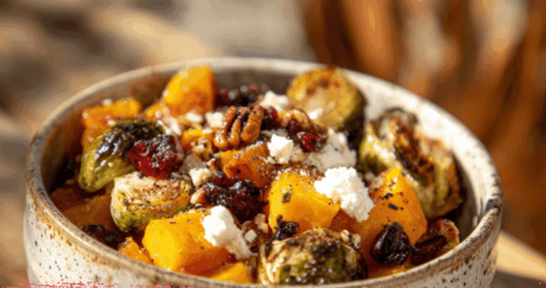 Roasted Brussels Sprouts and Butternut Squash Salad with Goat Cheese and Cranberries