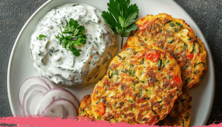 Zucchini and Bell Pepper Fritters with Herb Yogurt Dip