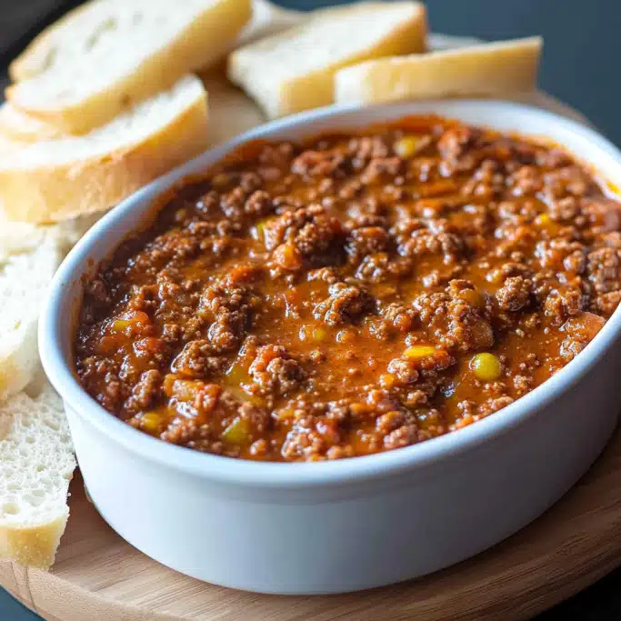 Sloppy Joe Dip with Toasted Baguette Slices