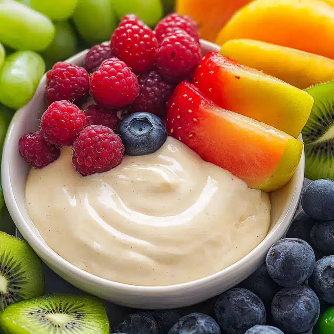 Creamy Vanilla Fruit Dip with Fresh Berries & Apple Slices