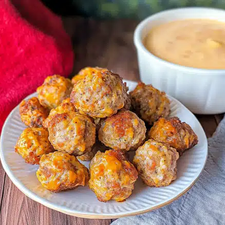 Cheddar Sausage Balls with Queso Dip