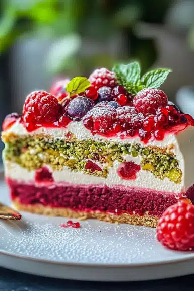 How to Make a Beautiful Mixed Berry Pistachio Layer Cake with Creamy Filling and Fresh Fruit Topping