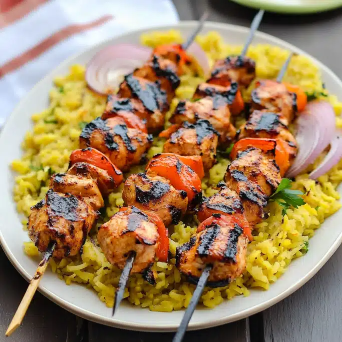 Grilled Chicken Kebabs with Rice Pilaf