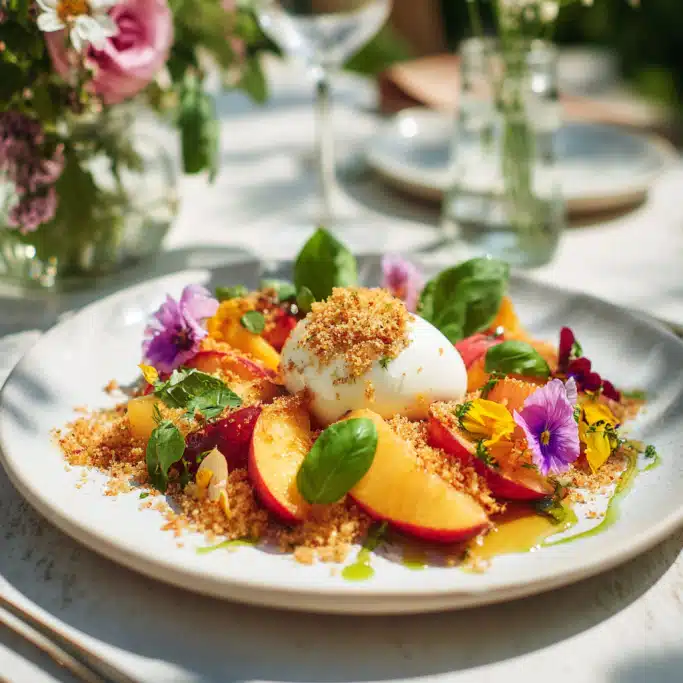 A Refreshing Peach Burrata Salad with Toasted Breadcrumbs and Edible Flowers for Your Summer Table