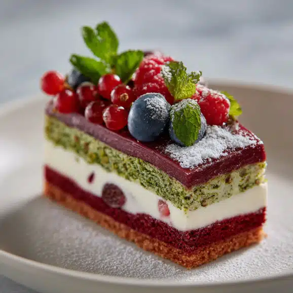 Elegant Berry Pistachio Mousse Cake Slice with Layers of Red Velvet, Cream, and Fresh Berries