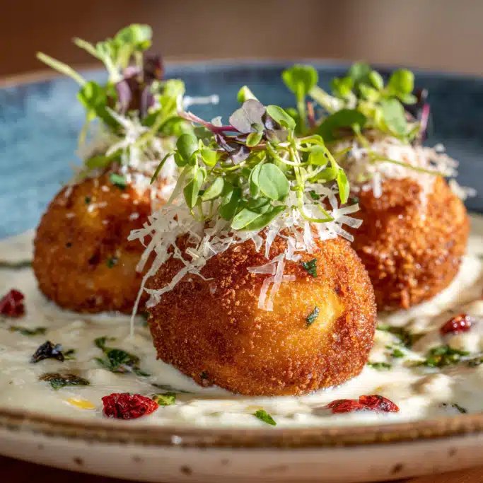 Crispy Arancini with Parmesan Cream Sauce and Microgreens: An Italian Appetizer Favorite