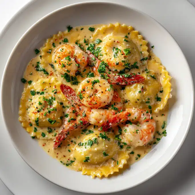Shrimp and Cheese Ravioli in Garlic Cream Sauce with Fresh Herbs and Cracked Pepper
