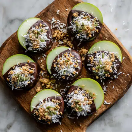 Chocolate-Dipped Apple Slices with Shredded Coconut, Toasted Nuts, and Seeds: A Quick, Healthy, and Elegant Treat