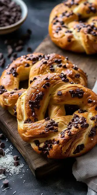 Chocolate Chip Pretzels (First Image: Pretzel‑shaped pastry with chocolate chips)