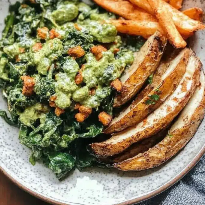 Creamy Kale with Crispy Tofu Crumbles and Roasted Potato Wedges