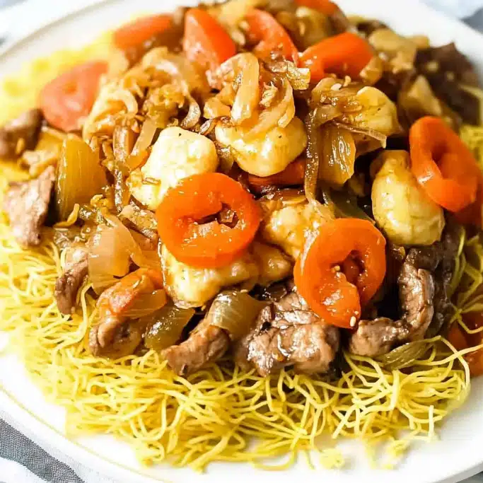Crispy Noodle Chow Mein with Shrimp, Beef, and Vegetables