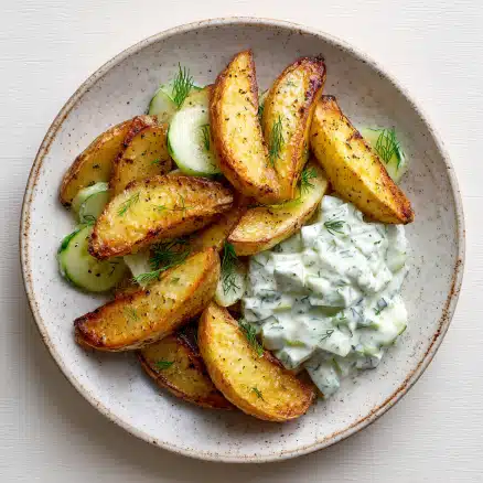 Crispy Golden Potato Wedges with Creamy Cucumber Sauce