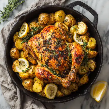 Golden Roasted Whole Chicken with Crispy Lemon‑Herb Potatoes