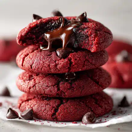 Molten Red Velvet Cookies with Gooey Chocolate Center