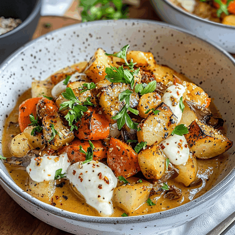 Golden Roasted Potatoes with Caramelized Onions and Creamy Drizzle – A Rich, Comforting Side Dish with Deep Flavor and a Silky Finish