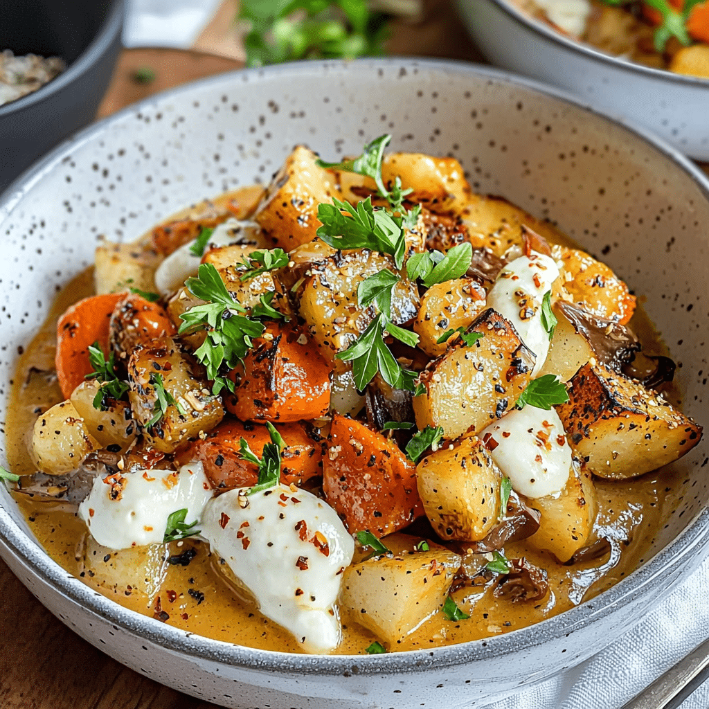 Golden Roasted Potatoes with Caramelized Onions and Creamy Drizzle – A Rich, Comforting Side Dish with Deep Flavor and a Silky Finish