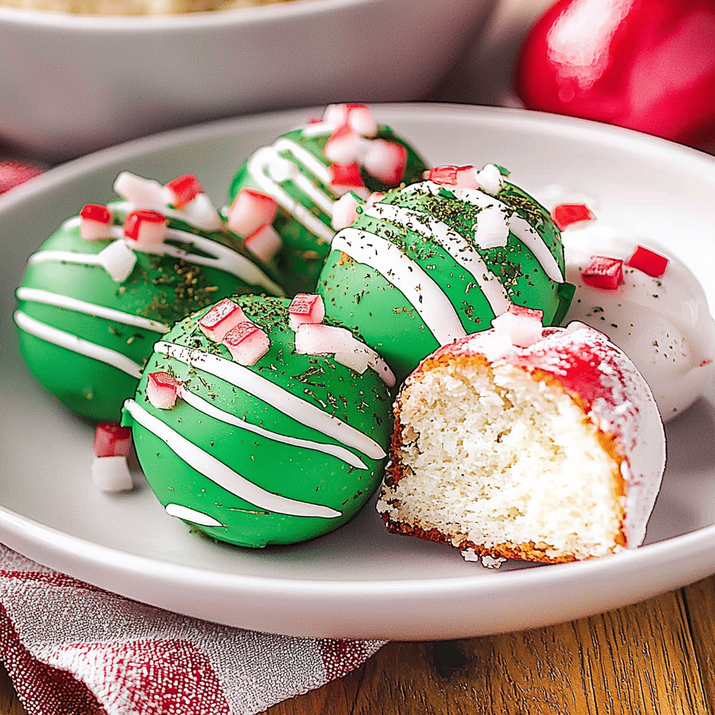 Christmas Vanilla Cake Balls Coated in Peppermint Chocolate and Topped with Holiday Candy Bits