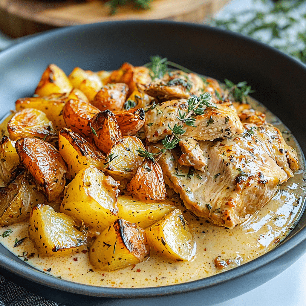 Creamy Herbed Chicken with Roasted Potatoes – A Comforting and Flavorful One-Pan Meal Perfect for Weeknight Dinners
