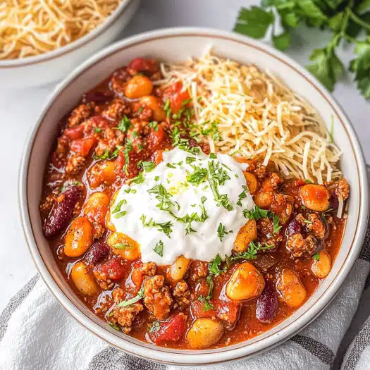 Hearty Gnocchi Chili with Cheese and Sour Cream