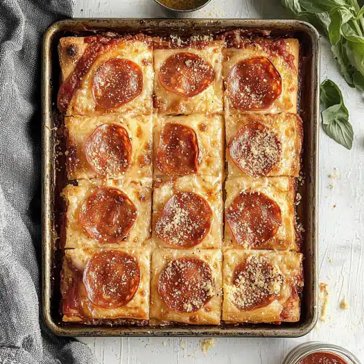 Crispy Pepperoni Sheet Pan Pizza Squares