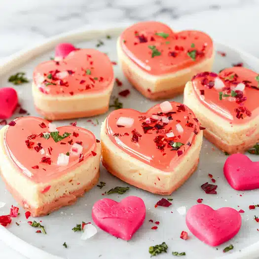 Valentine’s Day Heart Cheesecakes: Creamy Mini Heart-Shaped Cheesecakes with a Glossy Red Glaze – Perfect for Romantic Occasions