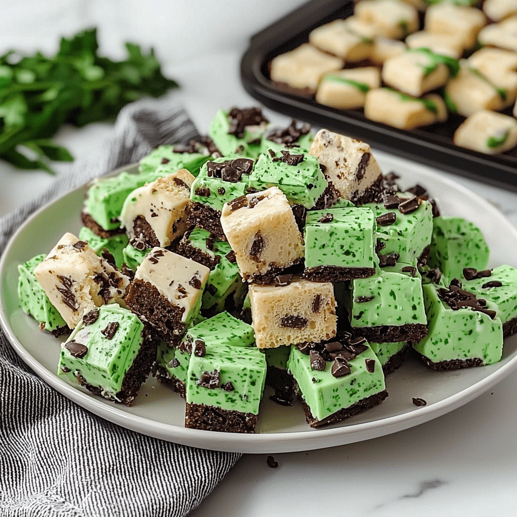Mint Chocolate Chip Fudge Squares Layered with Cookie Dough and Brownie Crust