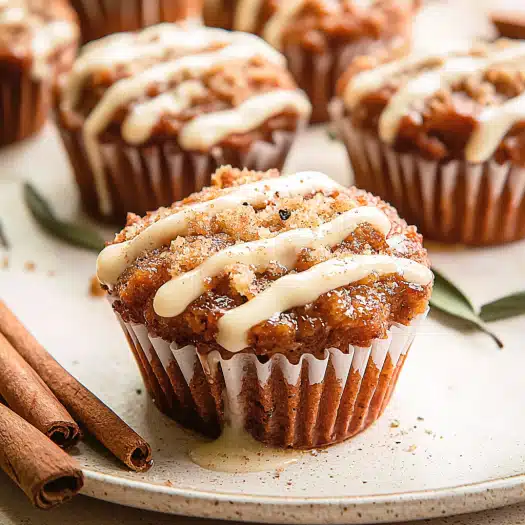 Cinnamon Streusel Muffins with Vanilla Glaze: Moist Spiced Muffins Topped with a Buttery Crumble and Sweet Drizzle