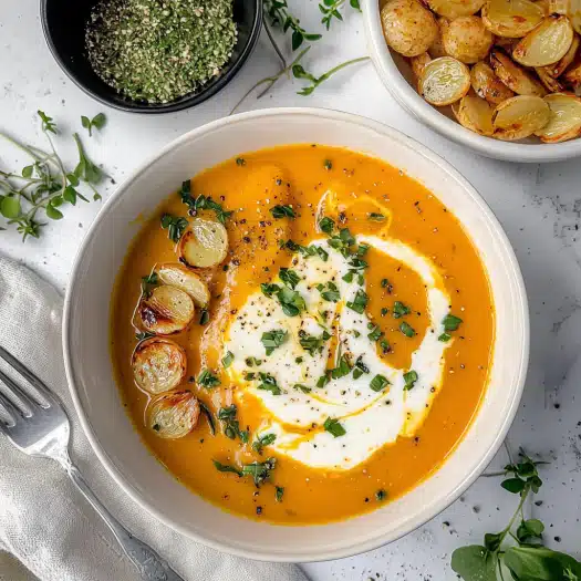 Roasted Carrot and Onion Soup with Cream Swirl