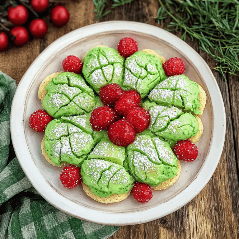 Holiday Wreath Crinkle Cookies – Festive Green Cookies with Raspberry Accents and Powdered Sugar Dusting