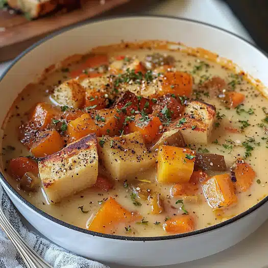Creamy Root Vegetable Stew with Toasted Croutons