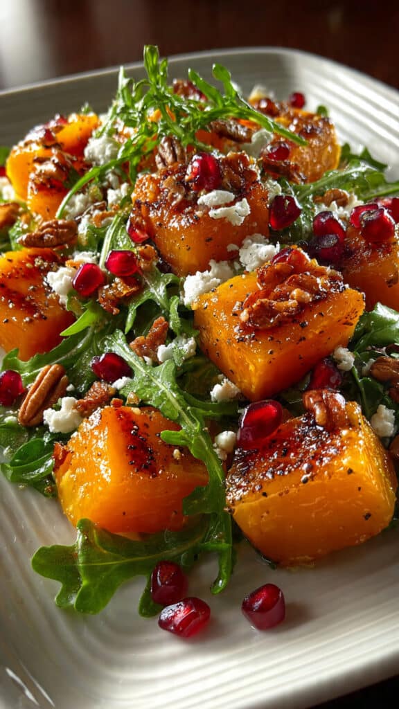 Roasted Butternut Squash Salad with Arugula, Pecans, and Feta