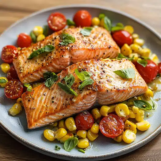 Pan-Seared Salmon with Cherry Tomatoes and Sweet Corn