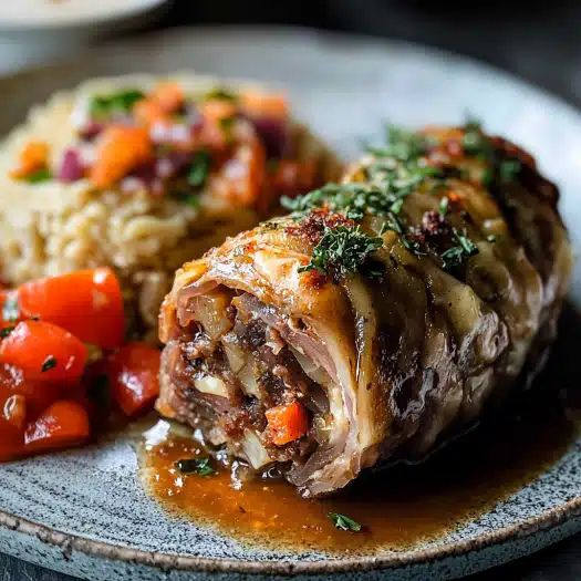 Stuffed Meat Roulade with Sauce and Rice