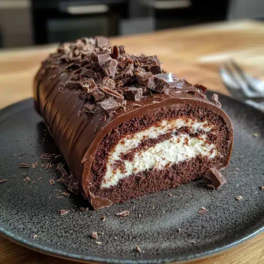 Classic Chocolate Swiss Roll with Cream Filling and Dark Chocolate Glaze