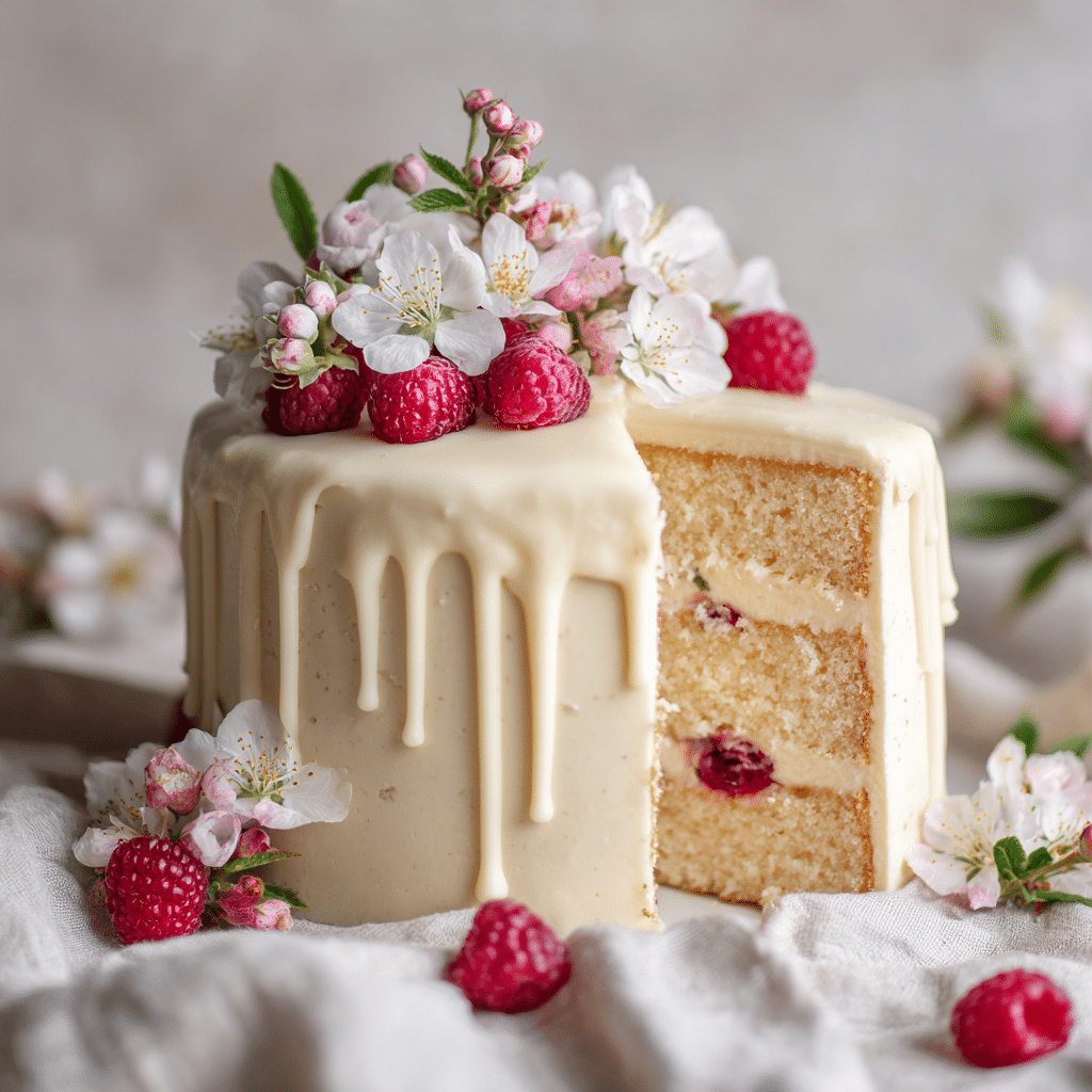 White Chocolate Raspberry Bloom Cake Recipe - Recipe Image
