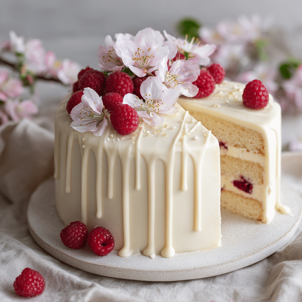 White Chocolate Raspberry Bloom Cake Recipe - Recipe Image