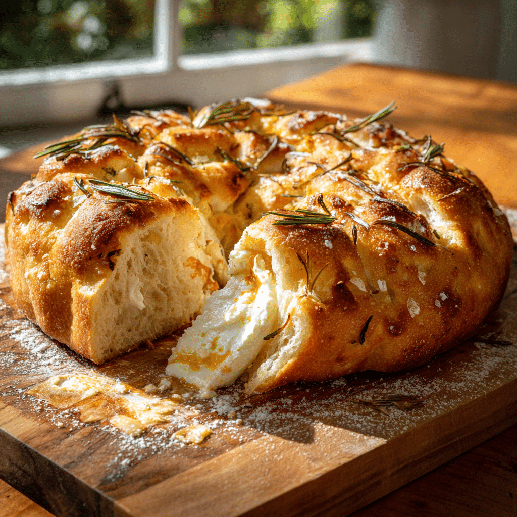 Roasted Garlic & Burrata Stuffed Focaccia Crown Recipe - Recipe Image