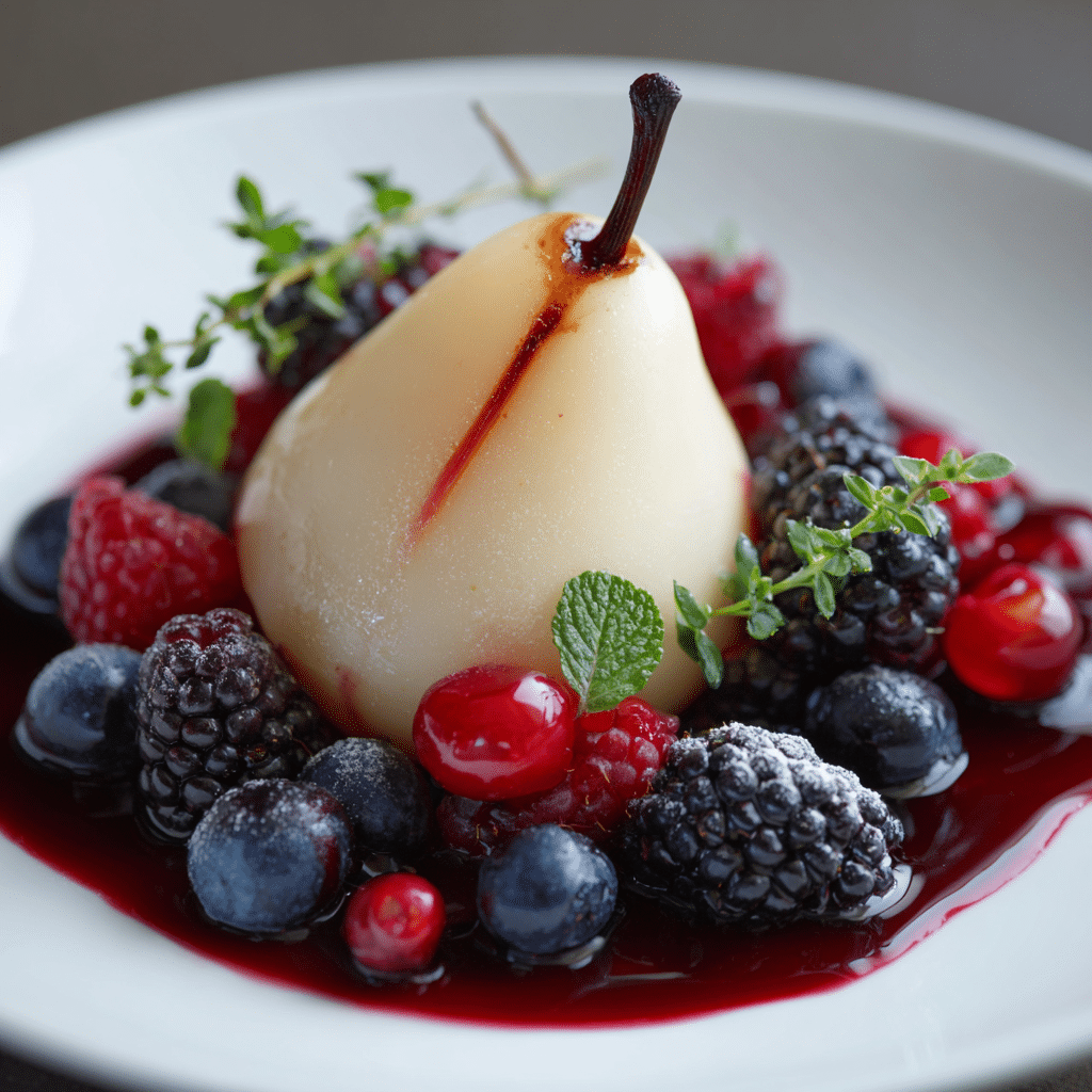 Vanilla Poached Pear with Berry Reduction Recipe
