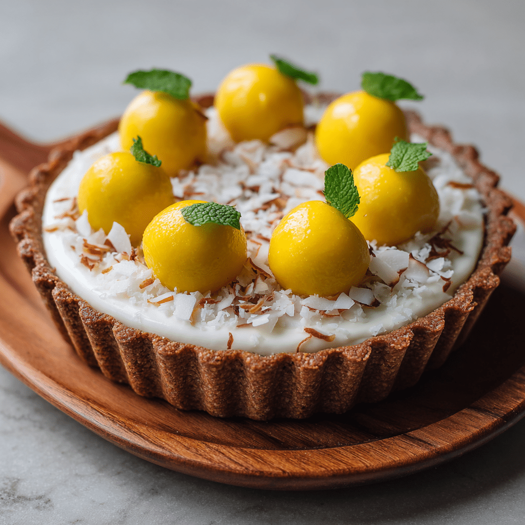 Coconut Cream Tart with Mango Spheres Recipe - Recipe Image