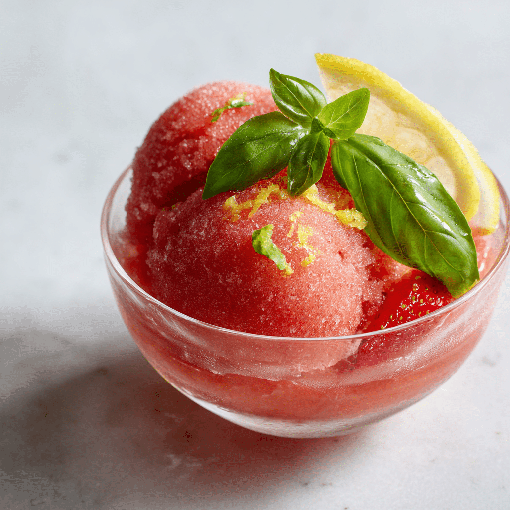 Strawberry Basil Sorbet with Lemon Syrup Recipe - Recipe Image