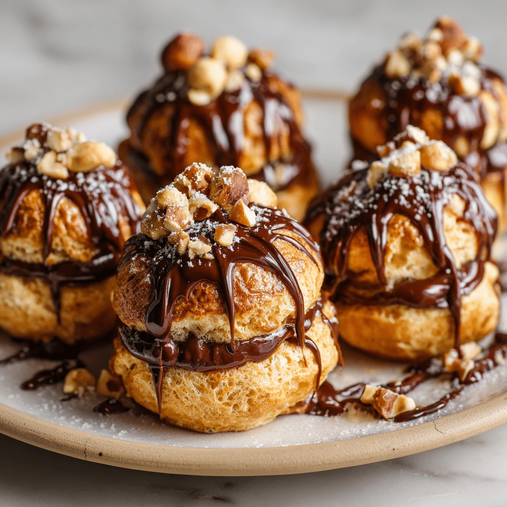 Hazelnut Praline Choux with Chocolate Drizzle Recipe - Recipe Image