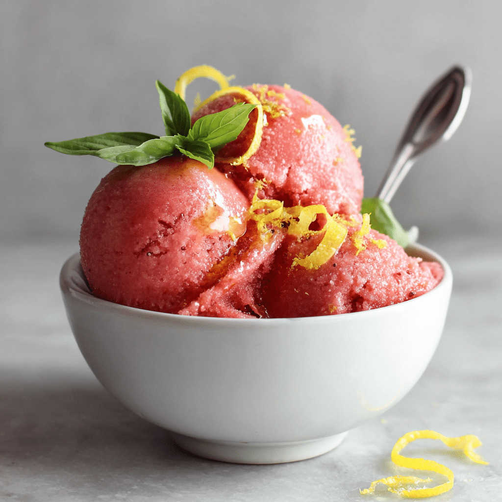 Strawberry Basil Sorbet with Lemon Syrup Recipe - Recipe Image